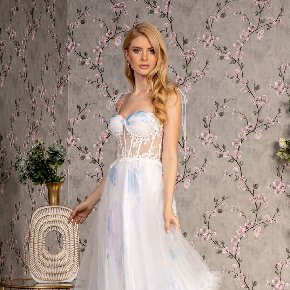 New Long A-Line Sleeveless Beaded Dress With Tied Straps And Sheer Bodice Gl3208